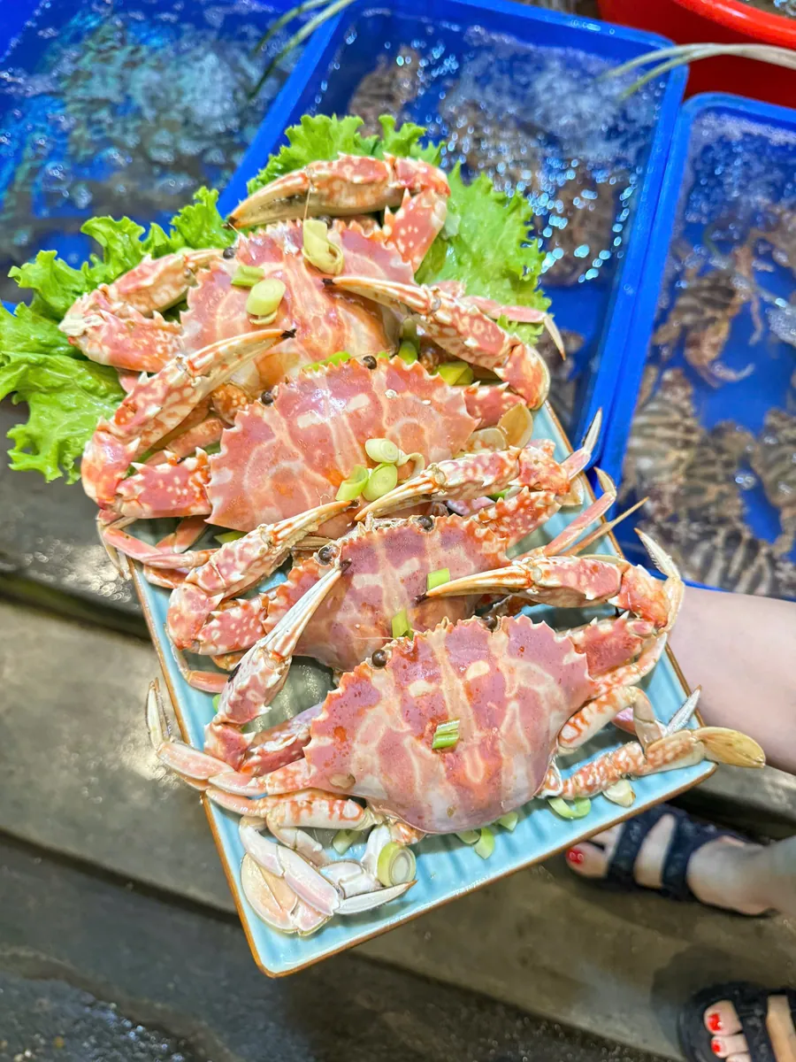 해산물 수조 앞에서 들고 있는 파를 올린 꽃게찜 접시